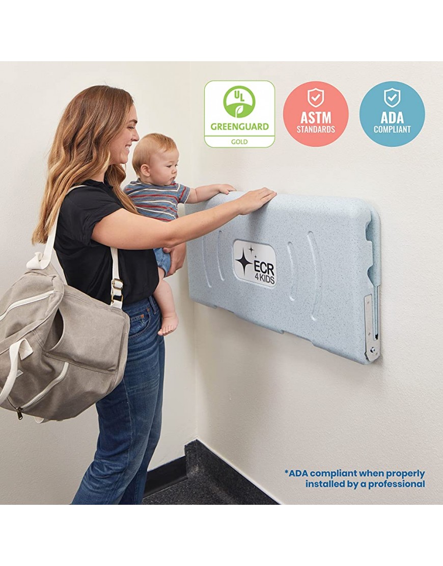 ECR4Kids Horizontal Changing Station Commercial Bathroom Wall-Mounted Diaper Changing Table Fold Down Baby Changer with Adjustable Safety Buckle Strap Liner Dispensers and Bag Hooks Blue Grey - B253OC9YA