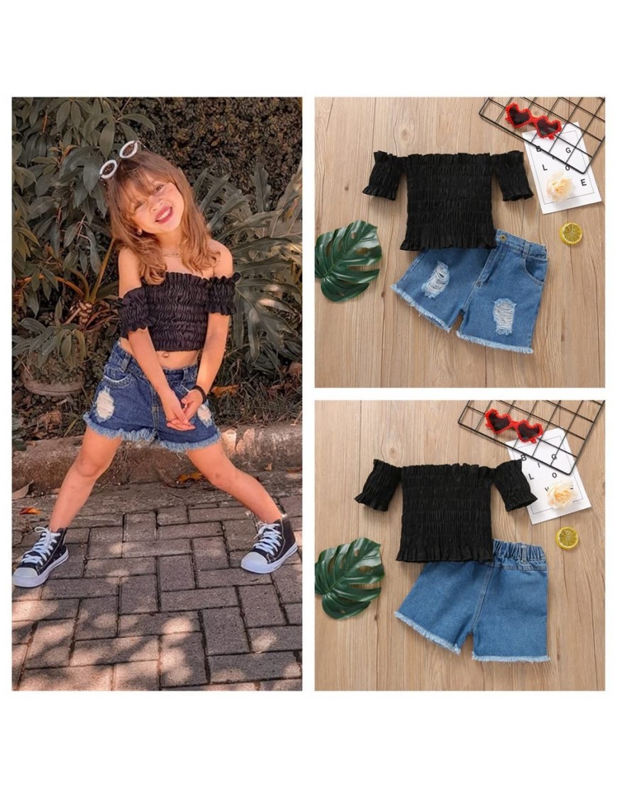 Girl's 2 Piece Outfits Shirred Frill Trim Short Sleeve Crop Top and Paper Bag Jeans Shorts Set - BJ255RPX7