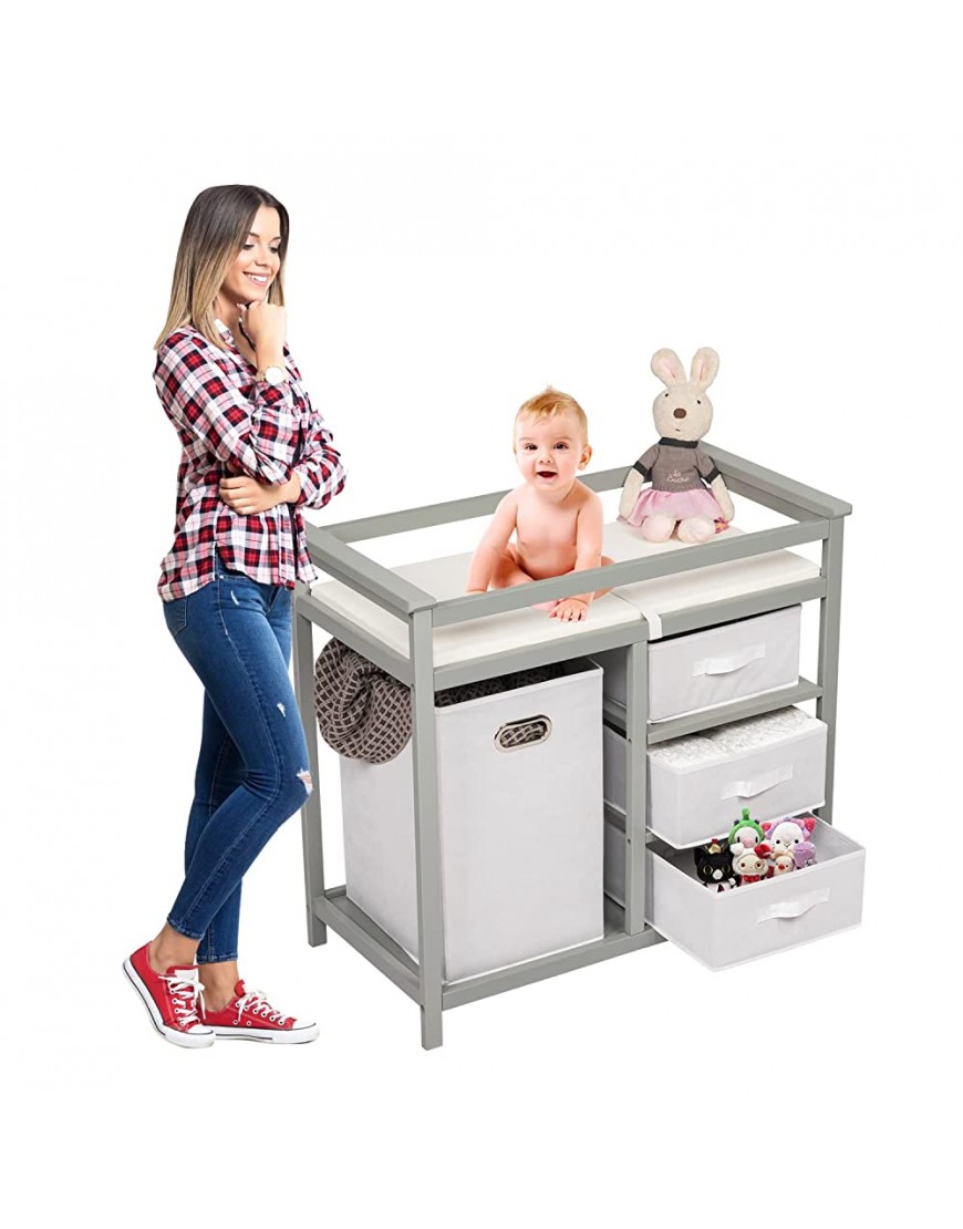 Kinfant Baby Diaper Changing Table Changing Tables Dresser Station with Laundry Hamper 3 Storage Drawers Change Pad and Safety Strap for Infants or Babies Grey - BJ56Q8VEP