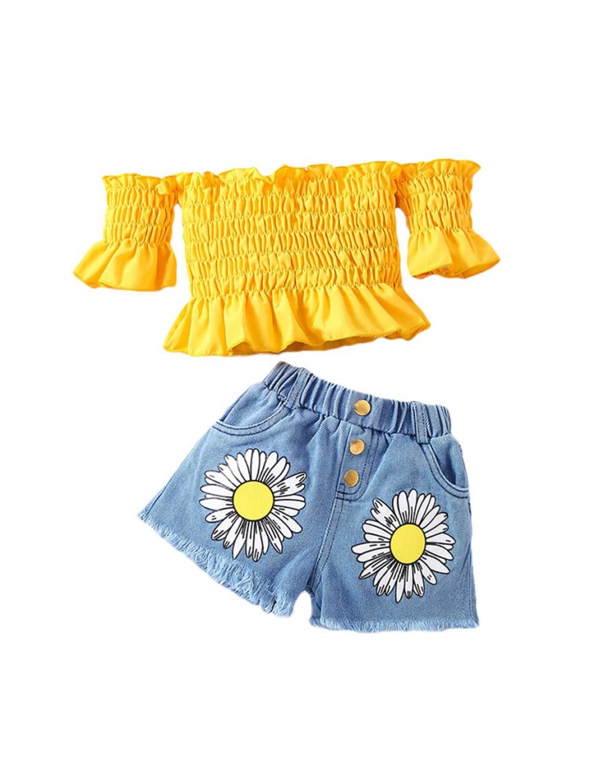 Little Kids Girls Summer Outfits Frill Crop Top Off Shoulder Shirt+Deim Shorts Boho Clothes Cute Two Piece - BF5AYKSVJ