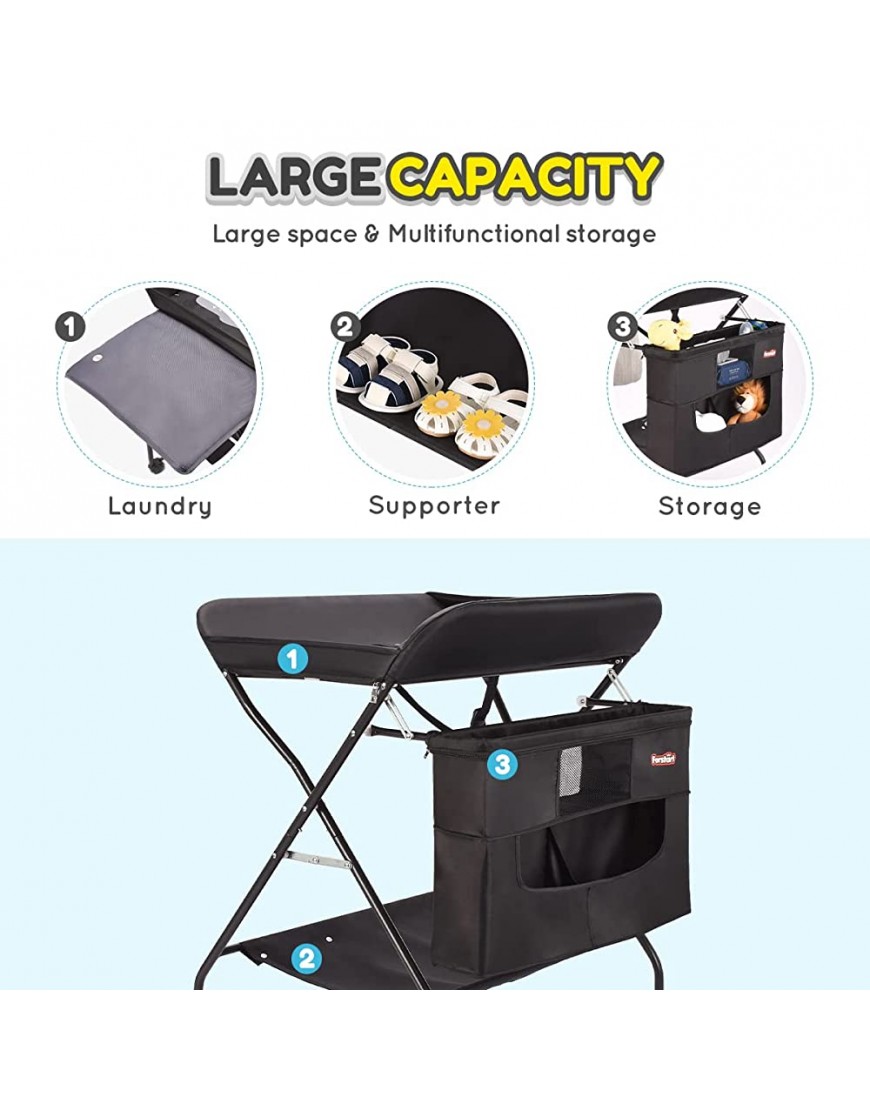 Mobile Baby Changing Table with Wheels FORSTART Adjustable Height Folding Diaper Station Portable Newborn Clothes Stand with Nursery Organizer & Storage Rack for Infant - BPSWGFAEH