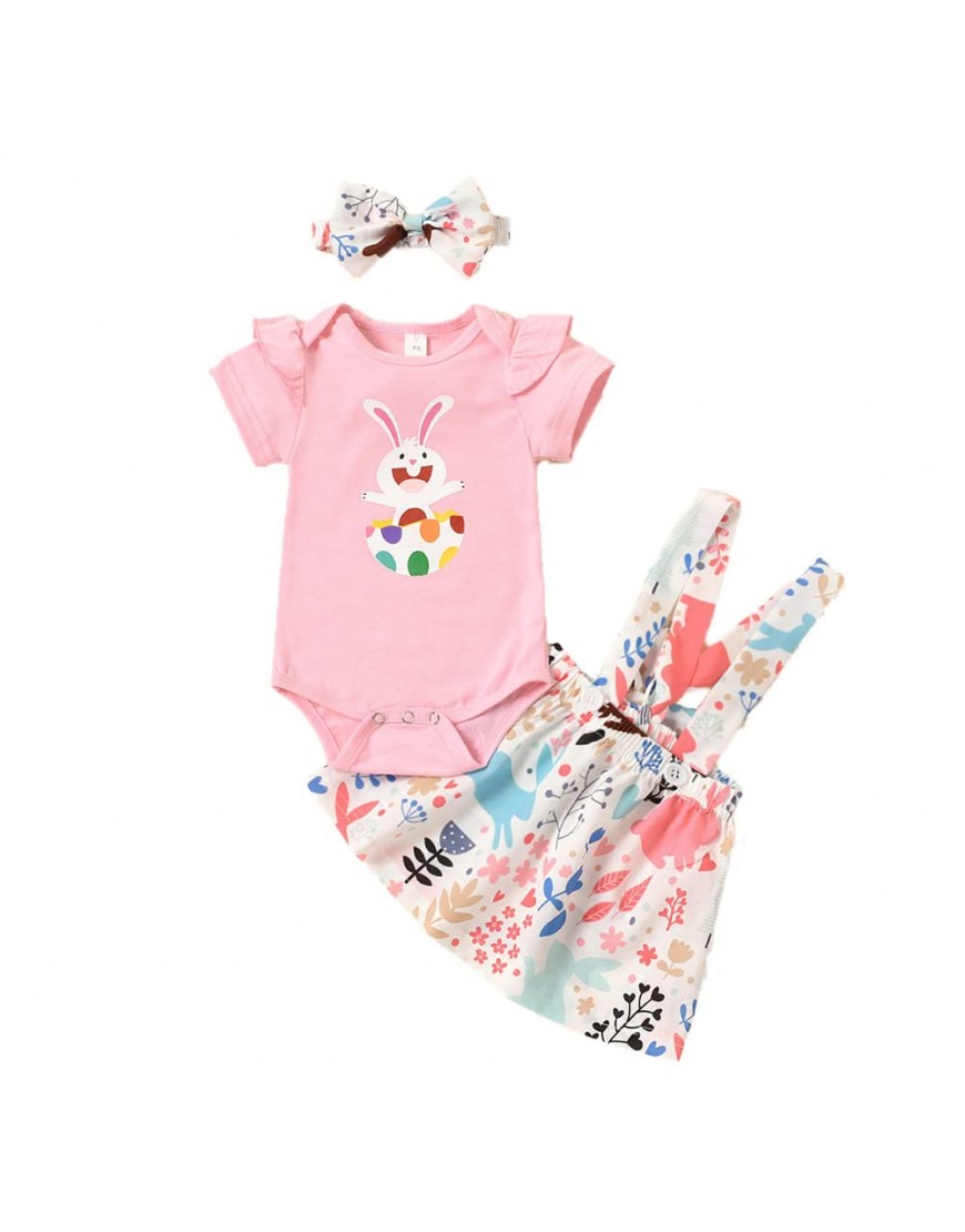 Newborn Baby Girl Easter Outfit My First Easter Romper Rabbit Suspender Skirt Headband Clothes Set - B36EW3VQ5