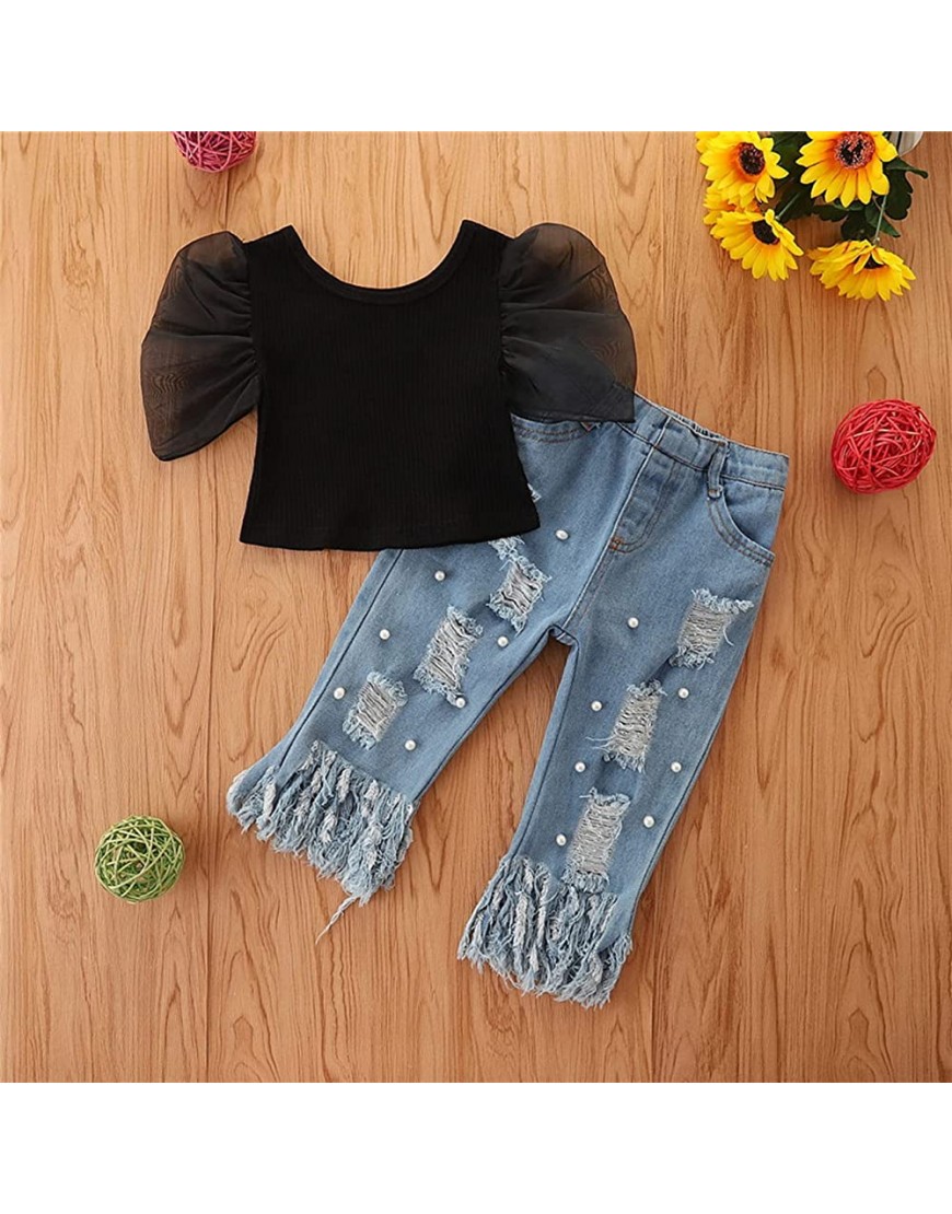 Toddler Baby Girl Top with Jeans Off Shoulder Lace Crop Tops T Shirt Denim Pants Outfits - BU46NPR3A