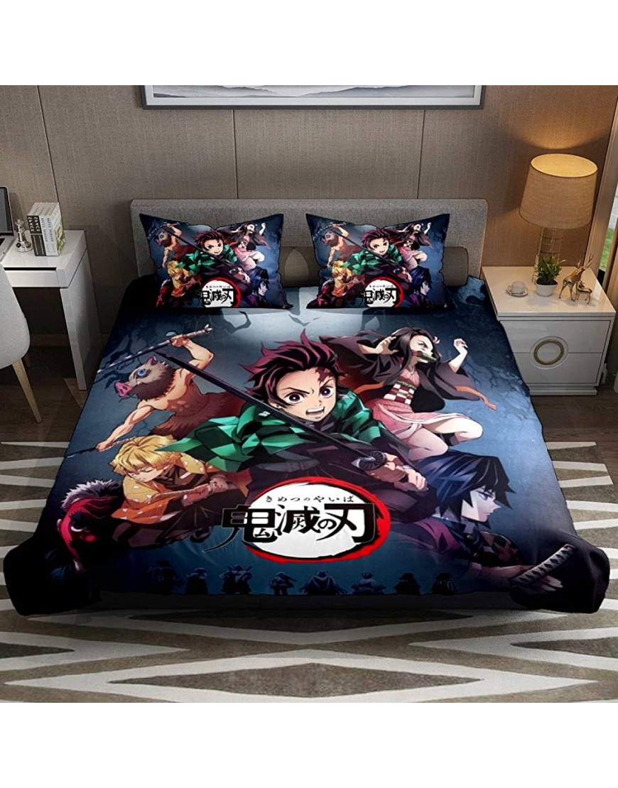 Anime Demon Slayer Bedding Queen Size Japanese Kimetsu no Yaiba Bed Set 3pcs Bedroom Duvet Cover Set for Teens Boys Girls 1 Quilt Cover + 2 PillowcasesNo Comforter - B67CY04D7