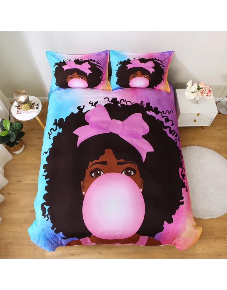 Black Girl Bubble Gum Bedding Set Full ,Black Girl Magic Art Comforter Cover Cute African American Girl Printed Duvet Cover Sets,Kids Bedroom Decor 1Duvet Cover +2Pillowcases No Comforter - BMEIOQNBY