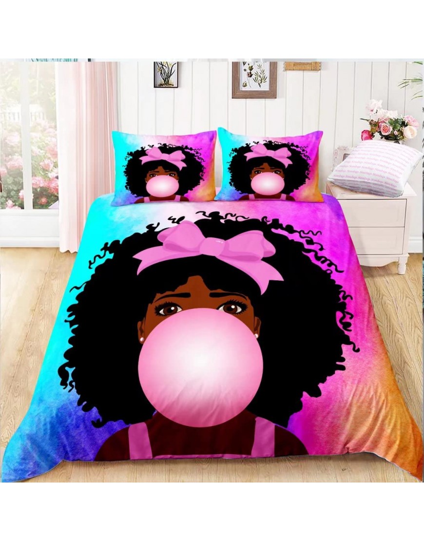 Black Girl Bubble Gum Bedding Set Full ,Black Girl Magic Art Comforter Cover  Cute African American Girl Printed Duvet Cover Sets,Kids Bedroom Decor 1Duvet Cover +2Pillowcases No Comforter - BMEIOQNBY