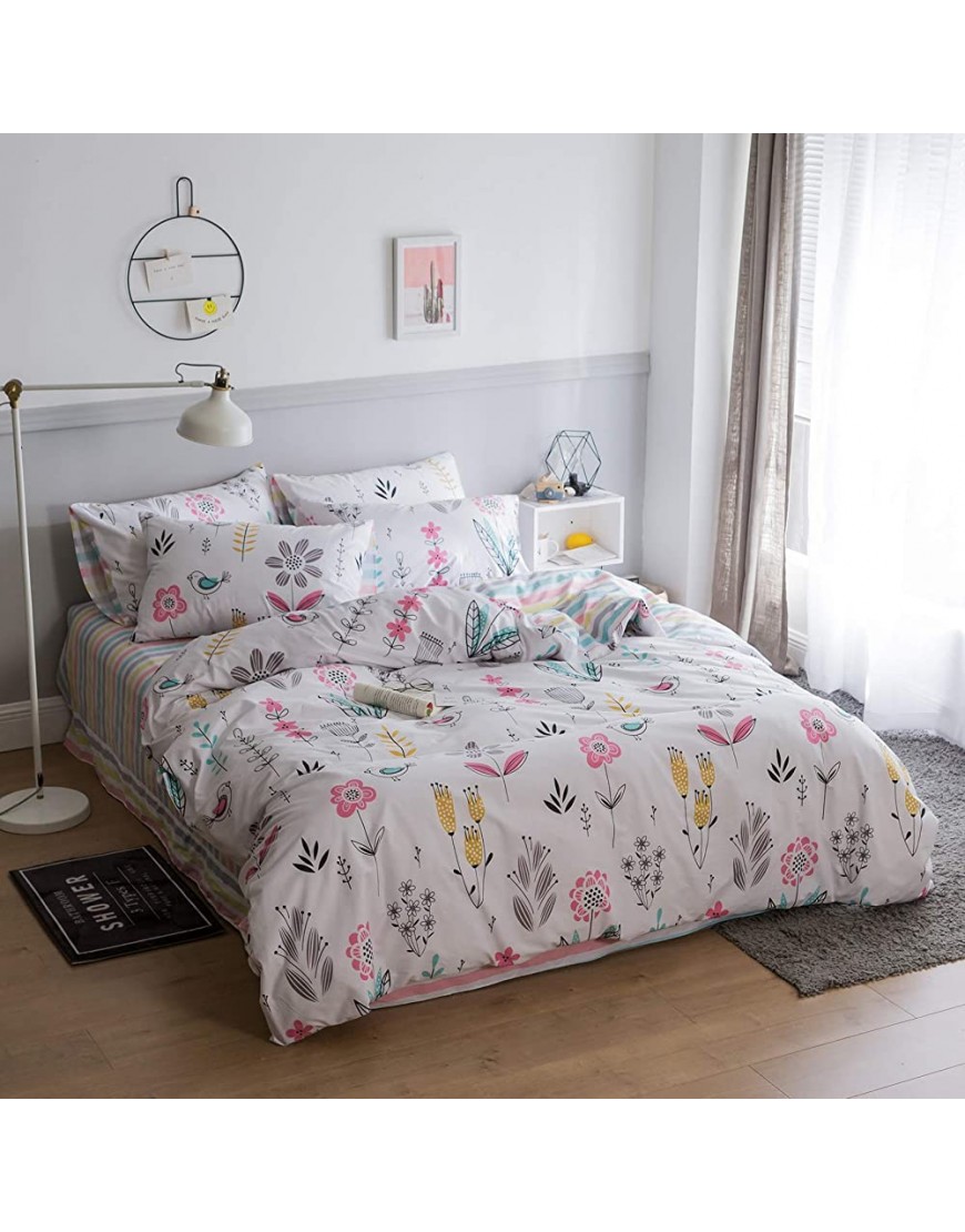 BuLuTu Floral Bird Print Pattern Girls Duvet Cover Twin White Premium Cotton Nature Blossom Colorful Reversible Kids Bedroom Comforter Cover Bedding Sets for Teen Toddler,Zipper Closure - BUX7DKYXR