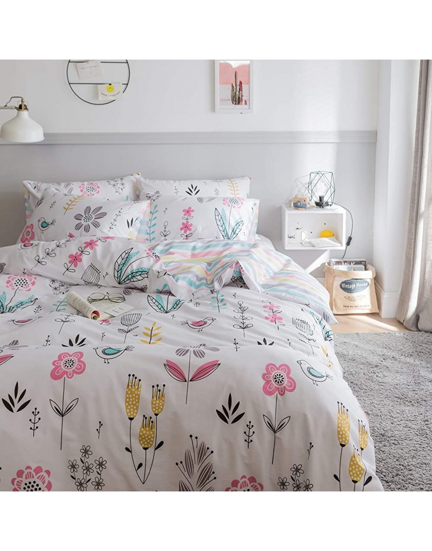 BuLuTu Floral Bird Print Pattern Girls Duvet Cover Twin White Premium Cotton Nature Blossom Colorful Reversible Kids Bedroom Comforter Cover Bedding Sets for Teen Toddler,Zipper Closure - BUX7DKYXR