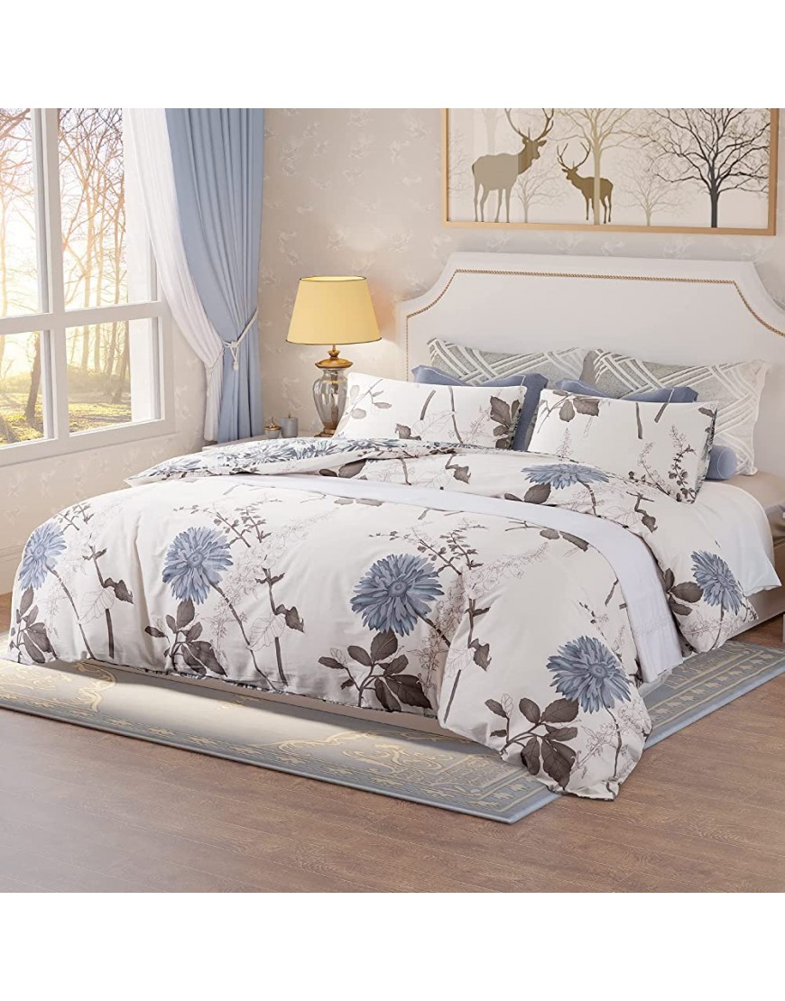 Floral Duvet Cover Sets Queen Size SIGOODS Soft Botanical Garden Pattern 100% Organic Cotton Comforter Cover Girl Reversible Bedding Set with Zipper Closure & Corner Ties Grey Blue Flower,3 Piece - BY47TC1A7