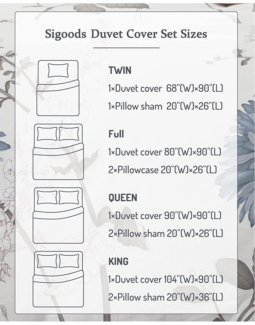 Floral Duvet Cover Sets Queen Size SIGOODS Soft Botanical Garden Pattern 100% Organic Cotton Comforter Cover Girl Reversible Bedding Set with Zipper Closure & Corner Ties Grey Blue Flower,3 Piece - BY47TC1A7