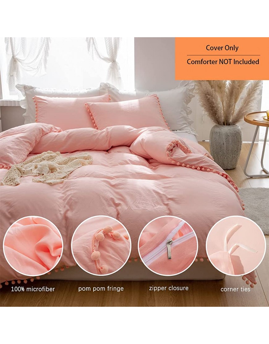 Kid's Duvet Cover Twin Size,100% Washed Microfiber 2pcs Girl Bedding Duvet Cover Set Pom Poms Fringe Solid Color Soft and Breathable with Zipper Closure & Corner Ties Peach Pink Twin - B9ZKVTD81