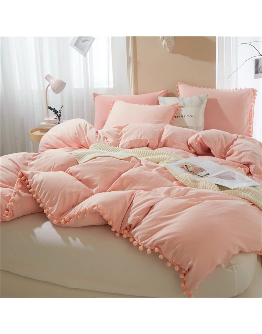 Kid's Duvet Cover Twin Size,100% Washed Microfiber 2pcs Girl Bedding Duvet Cover Set Pom Poms Fringe Solid Color Soft and Breathable with Zipper Closure & Corner Ties Peach Pink Twin - B9ZKVTD81