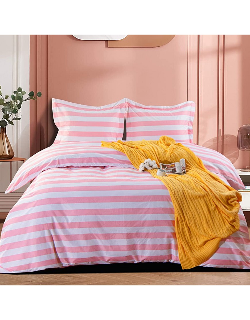 NTBAY Microfiber Twin Duvet Cover Set 2 Pieces Ultra Soft Stripe Printed Comforter Cover Set with Zipper Closure and Corner Ties for Kids Pink and White - B25LA7FE4
