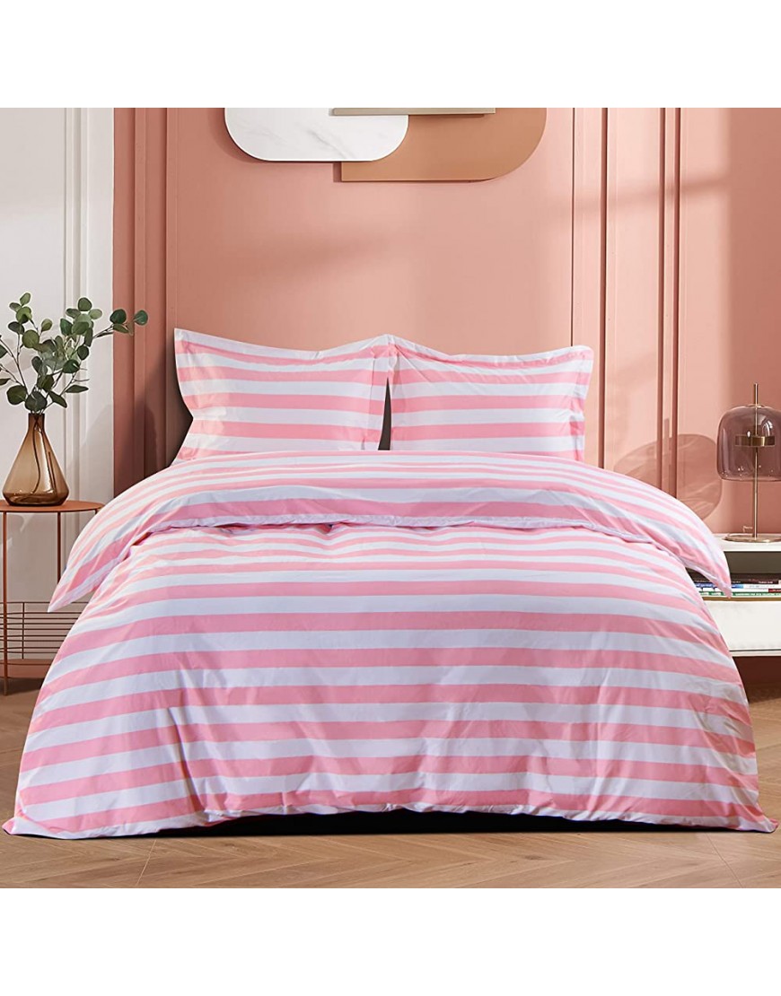 NTBAY Microfiber Twin Duvet Cover Set 2 Pieces Ultra Soft Stripe Printed Comforter Cover Set with Zipper Closure and Corner Ties for Kids Pink and White - B25LA7FE4