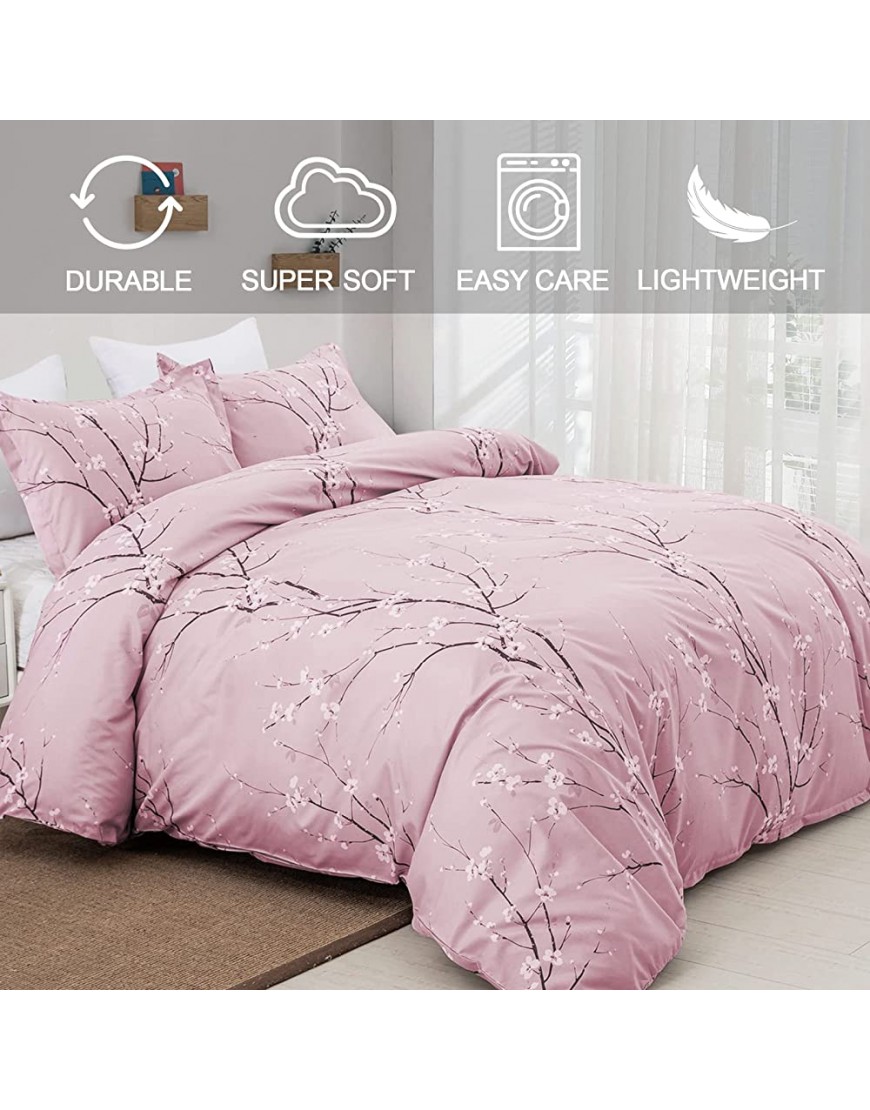 Pink Floral Duvet Cover Set Queen Reversible Flower Plum Blossom Printed Comforter Cover Set with 2 Pillowcases 3 Pieces Bedding Set 100% Soft Microfiber Queen Size 90x90Not Comforter - BEWDO34AQ