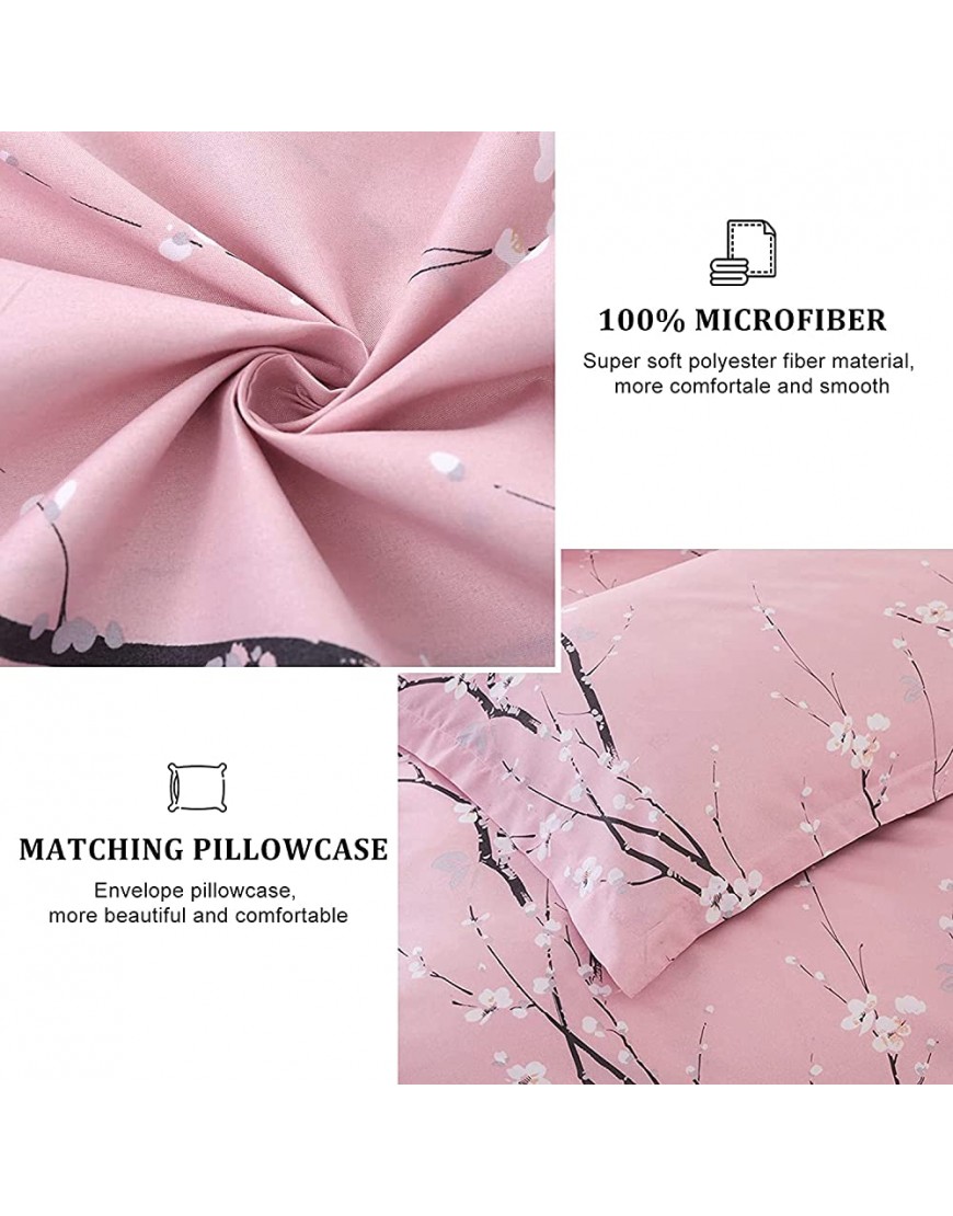 Pink Floral Duvet Cover Set Queen Reversible Flower Plum Blossom Printed Comforter Cover Set with 2 Pillowcases 3 Pieces Bedding Set 100% Soft Microfiber Queen Size 90x90Not Comforter - BEWDO34AQ