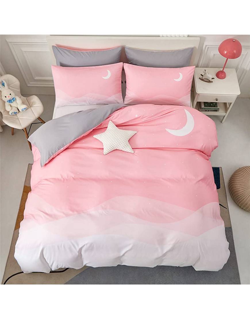 Pink Ombre Duvet Cover Twin Size for Girls Cute Moon Star Night Sky Duvet Cover Set for Kids Teen Soft Lightweight Microfiber Comforter Cover with 2 Pillow CasesPink,Twin - BWMOP8S3V