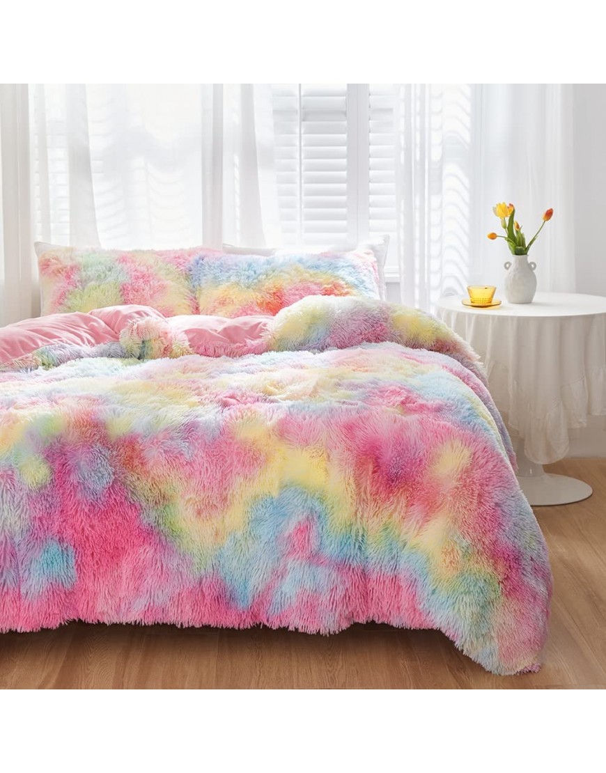 SUCSES Pink Plush Shaggy Duvet Cover Twin Size Rainbow Tie Dye Faux Fur Bedding Set for Teens Girls Super Soft Fluffy Fuzzy Ombre Comforter Cover Set Pastel Pink Twin Size - BVLPZ3BCK