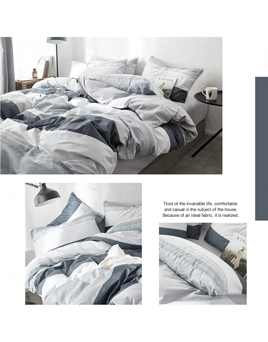 VClife Cotton Duvet Cover Gray Blue White Queen Duvet Cover Luxurious Simple Style Geometric Stirpe Bedding Sets with Pillow Shams 1 Queen Duvet Cover 2 Pillow Shams Comfortable Cozy and Easy Care - BLXS6SOB8