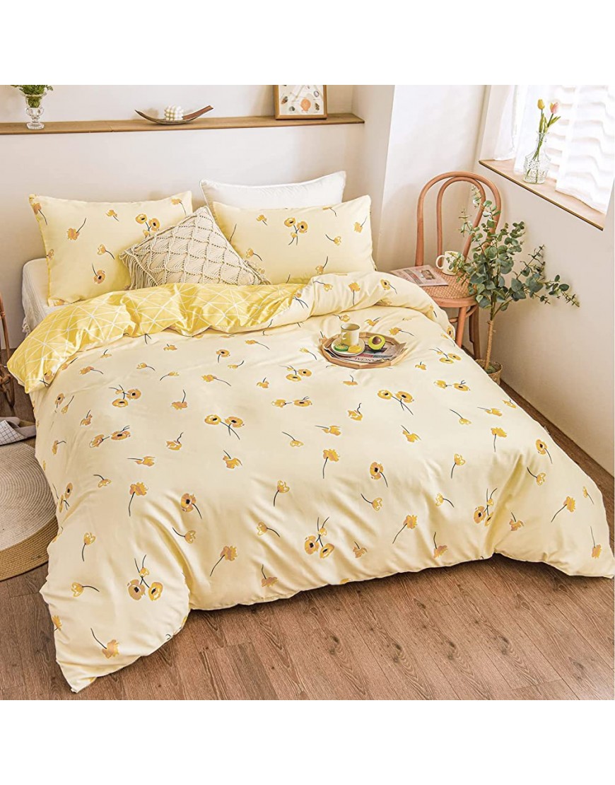 Yellow Flowers Bedding Luxury Floral Duvet Cover Set Lucky Clover and Yellow Plaid Reversible Design Yellow Floral Bedding Sets Queen 1 Duvet Cover 2 Pillowcases Queen Yellow - BE1AXEM8D