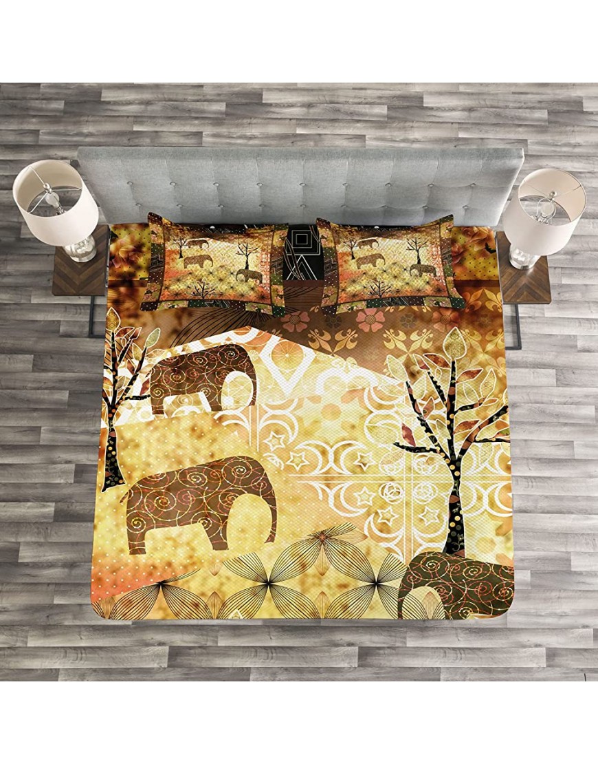 Ambesonne African Bedspread Patchwork Inspired Pattern Grunge Vintage Featured Elephants Trees Roses Print Decorative Quilted 3 Piece Coverlet Set with 2 Pillow Shams King Size Pale Brown - B62396J33