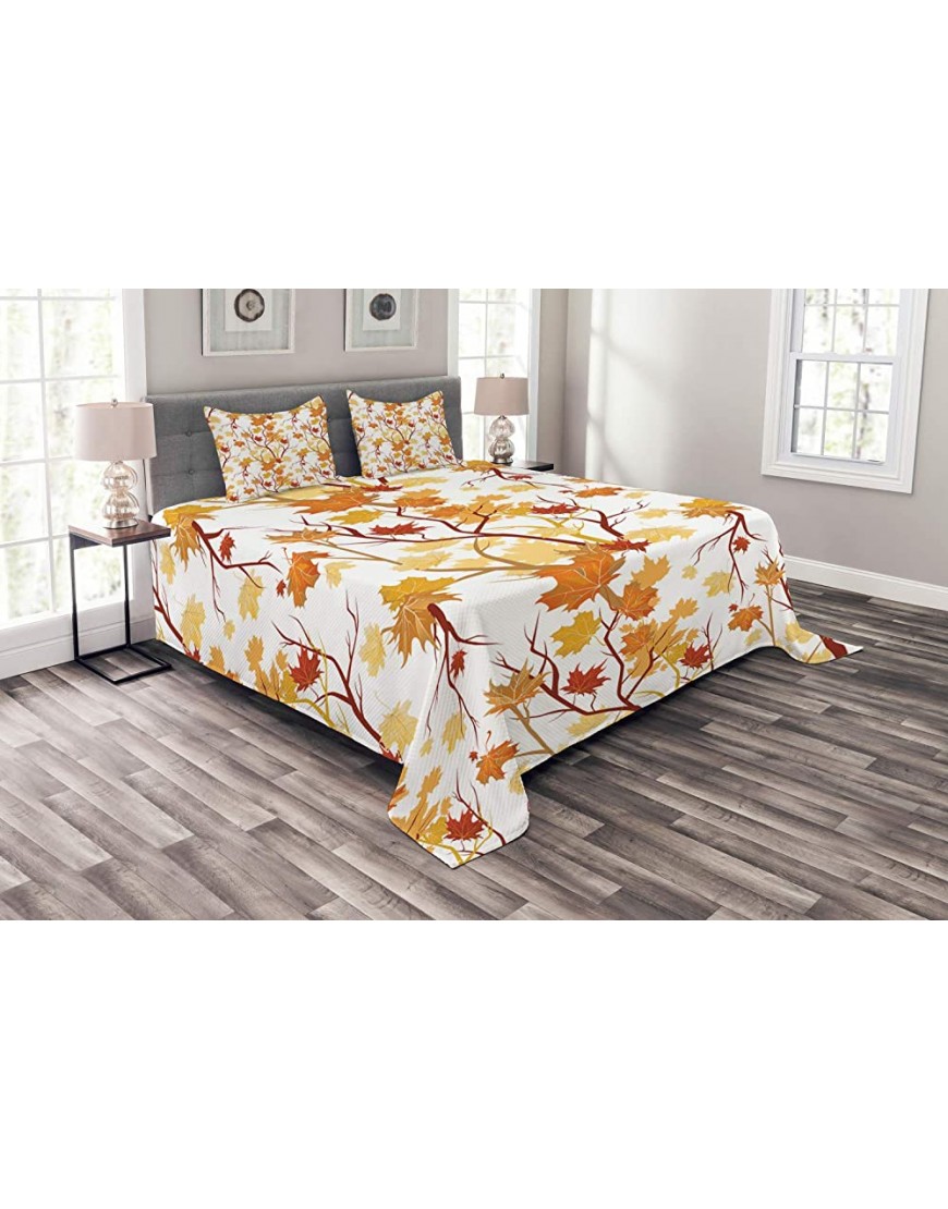 Ambesonne Fall Bedspread Swirling Autumn Leaves Shady Seasonal Elements Aesthetic Nature Image Decorative Quilted 3 Piece Coverlet Set with 2 Pillow Shams King Size Tan Yellow - B2KQ1W7QE