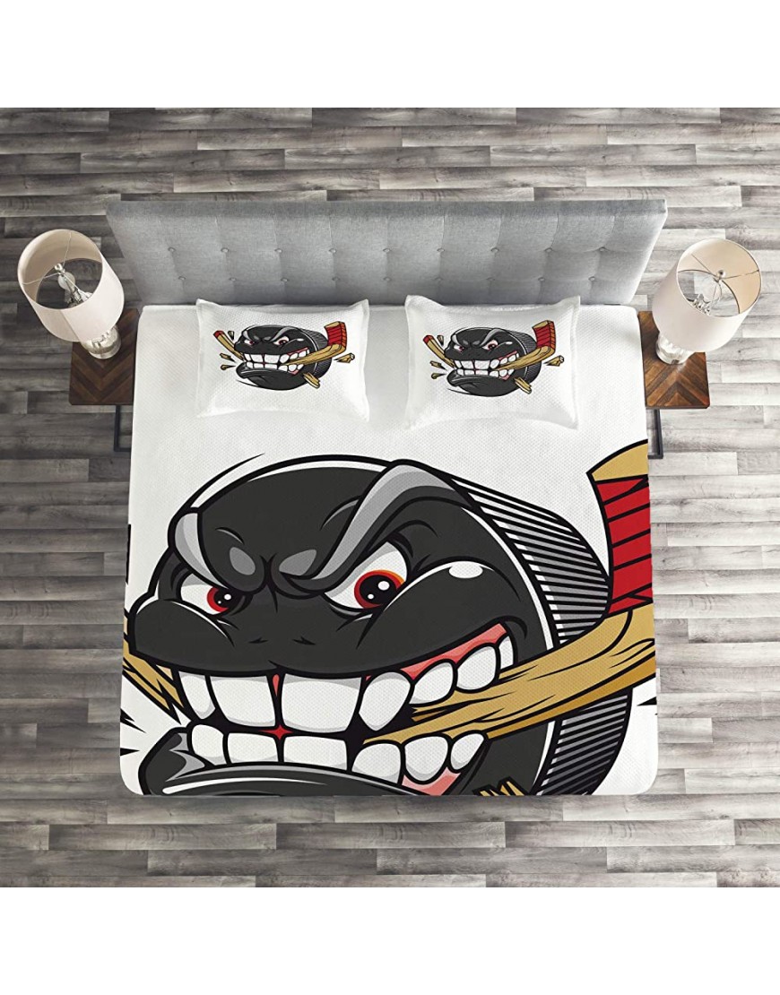 Ambesonne Hockey Coverlet Cartoon Hockey Puck Bites Breaks Hockey Stick Championship Game Mascot Character 3 Piece Decorative Quilted Bedspread Set with 2 Pillow Shams Queen Size Charcoal Beige - BVFKBK1CK