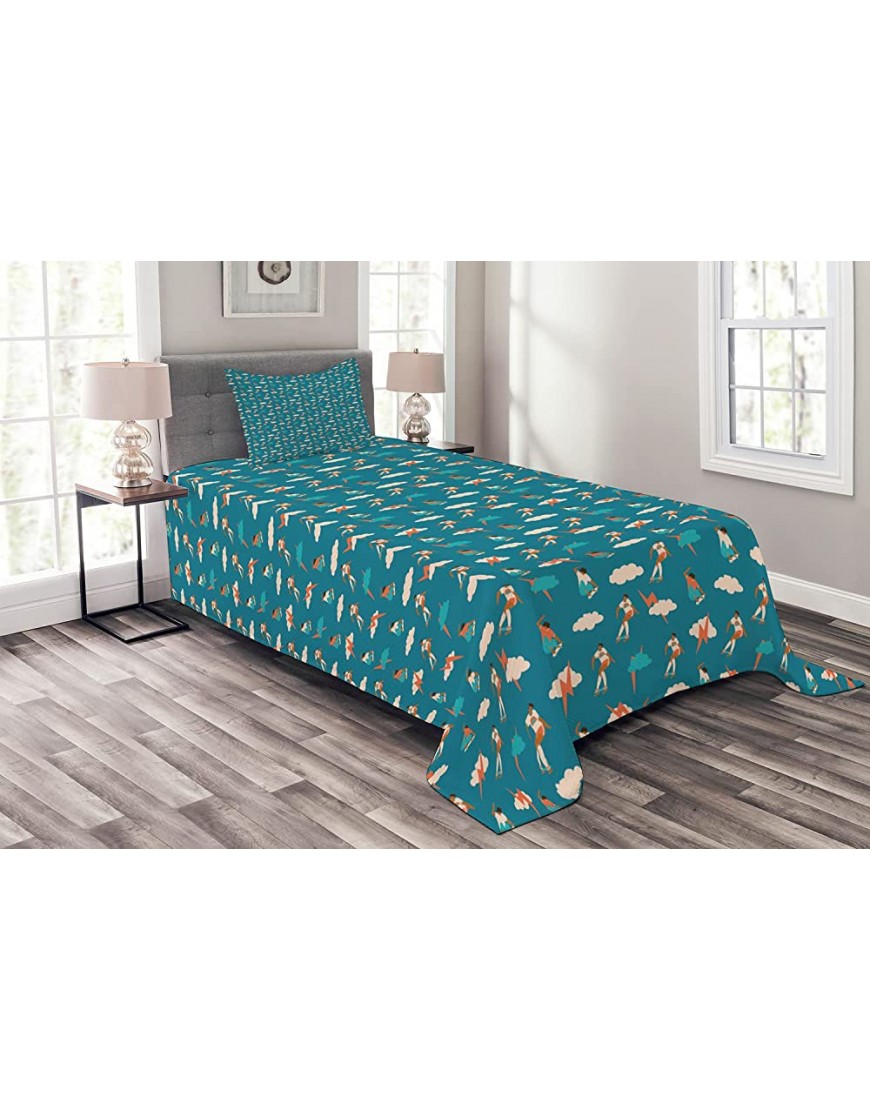 Ambesonne Skateboarding Bedspread Boy Making Moves on Skateboard and Clouds Decorative Quilted 2 Piece Coverlet Set with Pillow Sham Twin Size Teal Sienna - BGJAGPDOY
