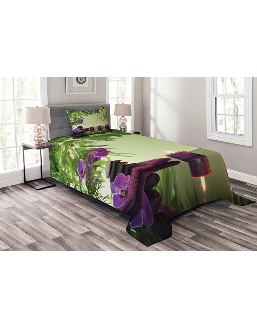 Ambesonne Spa Bedspread Stones Aromatic Candles and Orchids Blooms Treatment Vacation Decorative Quilted 2 Piece Coverlet Set with Pillow Sham Twin Size Green Purple - B8O9NSTE4