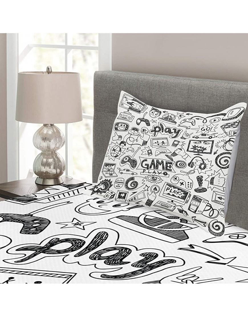 Ambesonne Video Games Bedspread Monochrome Sketch Style Gaming Design Racing Monitor Device Gadget Teen 90's Decorative Quilted 2 Piece Coverlet Set with Pillow Sham Twin Size Black White - B0YK7EXVC