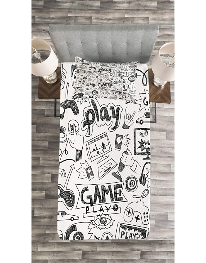 Ambesonne Video Games Bedspread Monochrome Sketch Style Gaming Design Racing Monitor Device Gadget Teen 90's Decorative Quilted 2 Piece Coverlet Set with Pillow Sham Twin Size Black White - B0YK7EXVC
