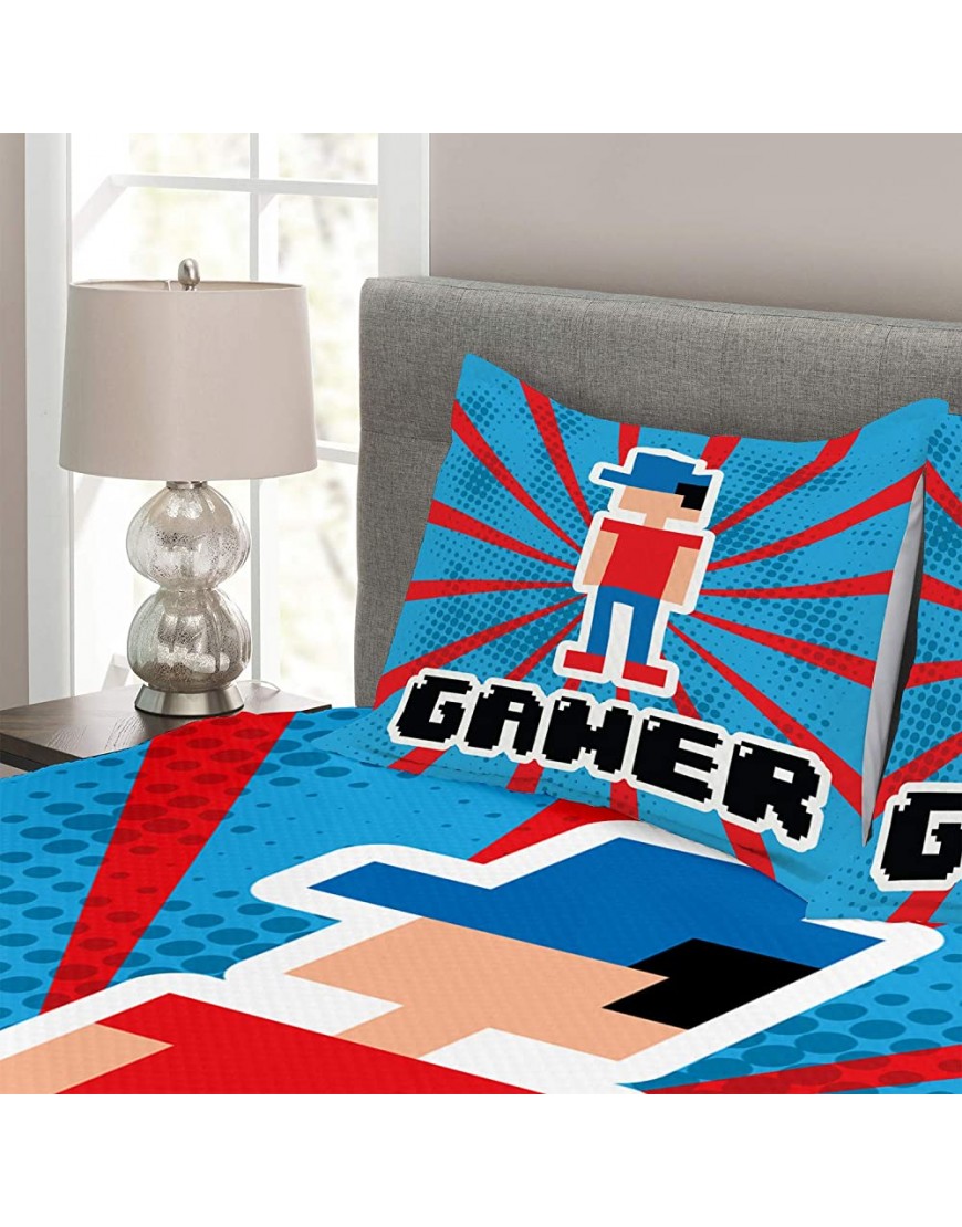 Ambesonne Video Games Bedspread Red Striped Boom Beams Retro 90's Toys Boy Cap Geometric Arrangement Decorative Quilted 3 Piece Coverlet Set with 2 Pillow Shams Queen Size Cream Teal - B8A27LALT