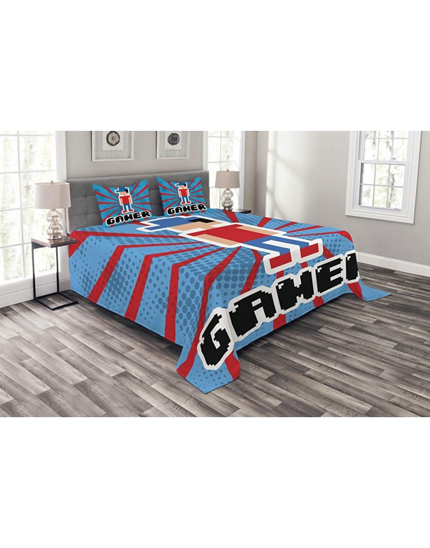 Ambesonne Video Games Bedspread Red Striped Boom Beams Retro 90's Toys Boy Cap Geometric Arrangement Decorative Quilted 3 Piece Coverlet Set with 2 Pillow Shams Queen Size Cream Teal - B8A27LALT