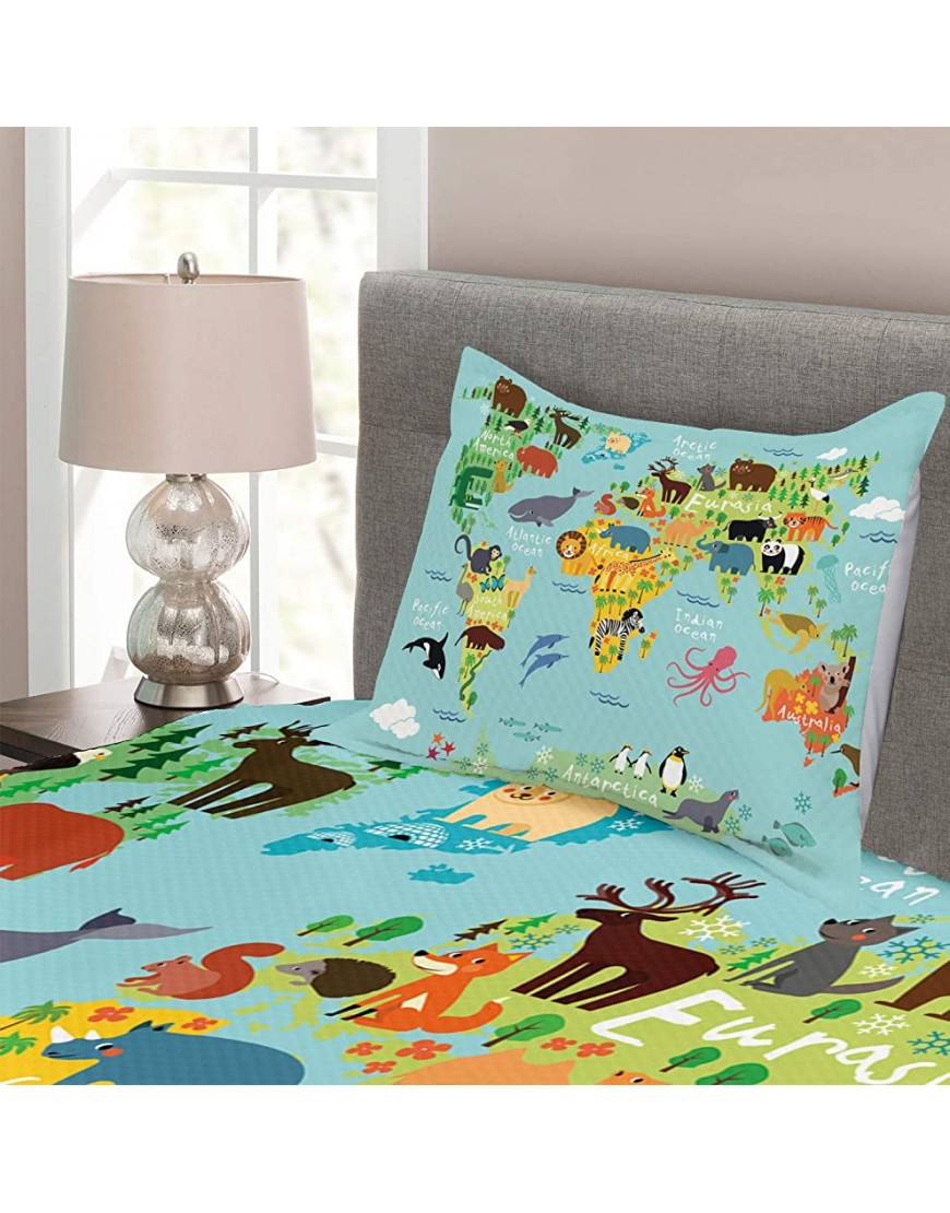 Ambesonne Wanderlust Bedspread Animal Map of The World for Children Kids Cartoon Mountains Forests Decorative Quilted 2 Piece Coverlet Set with Pillow Sham Twin Size Pale Blue - B5K9NSMKX