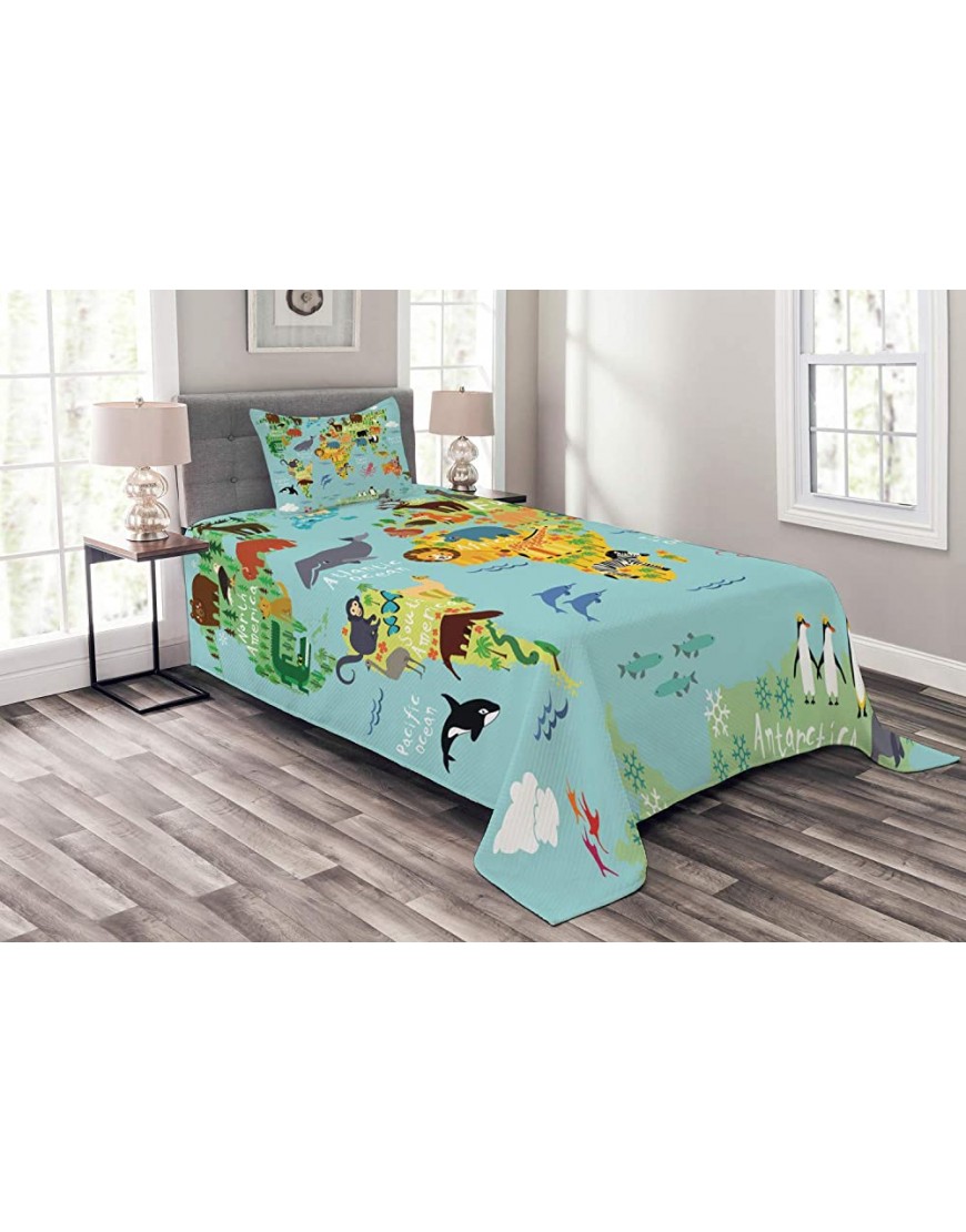 Ambesonne Wanderlust Bedspread Animal Map of The World for Children Kids Cartoon Mountains Forests Decorative Quilted 2 Piece Coverlet Set with Pillow Sham Twin Size Pale Blue - B5K9NSMKX