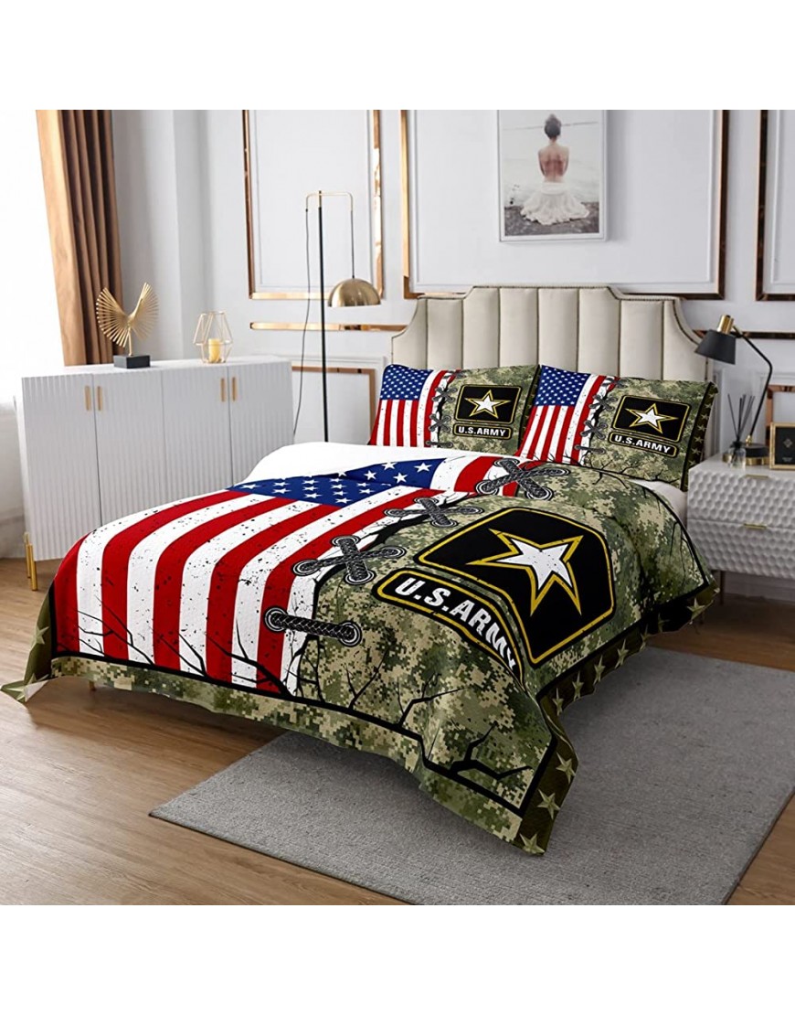 American Flag Bedding Sets Twin for Adult Boys Army Green Camo Bedspread Kids Men Vintage Usa Flag Quilted Coverlet Youth Girls Retro Military Camouflage Grunge Stripes Bedding Collections - B1S3GDH6M