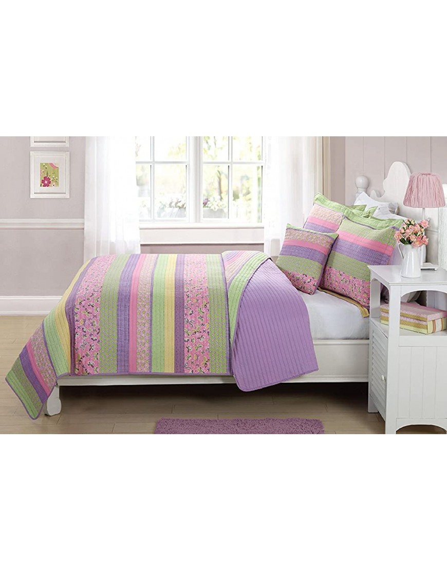 Bedspread Set for Girls Teens Stripes Butterflies Flowers Lavender Yellow Lime Green Pink New Full - BHXVR87MG