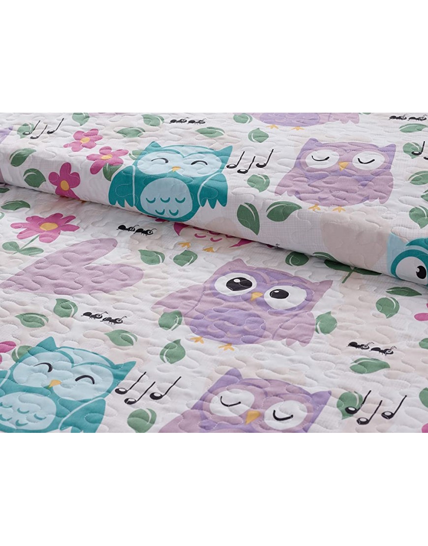 Elegant Home Cute Beautiful Girls Mutlicolor Pink White Blue Purple Floral Owl with Hearts Design 3 Piece Coverlet Bedspread Quilt for Kids Teens Girls # Owl Full Queen Size - BYD0G4SBR