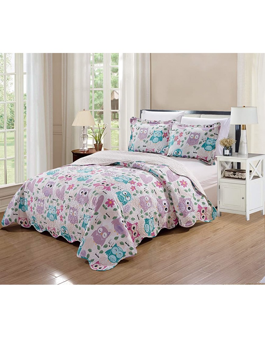 Elegant Home Cute Beautiful Girls Mutlicolor Pink White Blue Purple Floral Owl with Hearts Design 3 Piece Coverlet Bedspread Quilt for Kids Teens Girls # Owl Full Queen Size - BYD0G4SBR