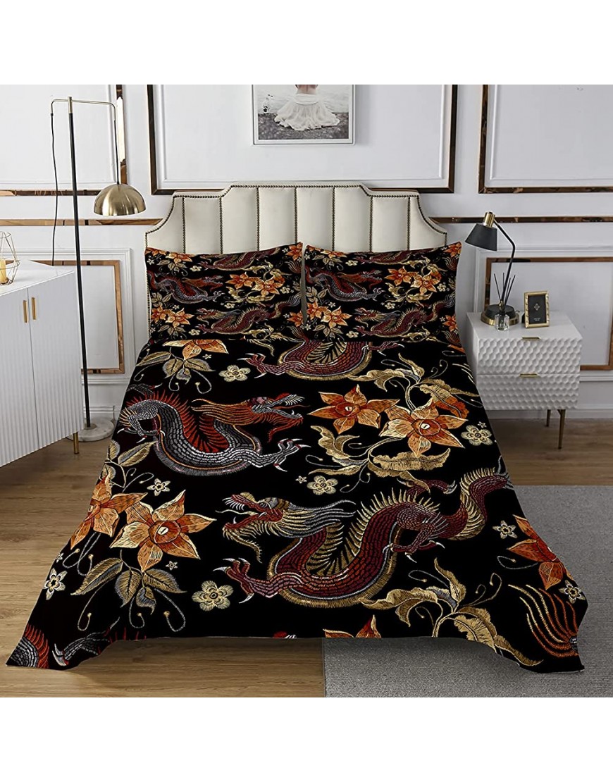 Feelyou Boys Dragon Bedspread Golden Exotic Floral Coverlet for Kids Teens Chinese Heritage Historical Eastern Motif Quilt Set Vermilion Black Bedding Cover Bedroom Collection 3Pcs Queen Size - BEHXGCOHE
