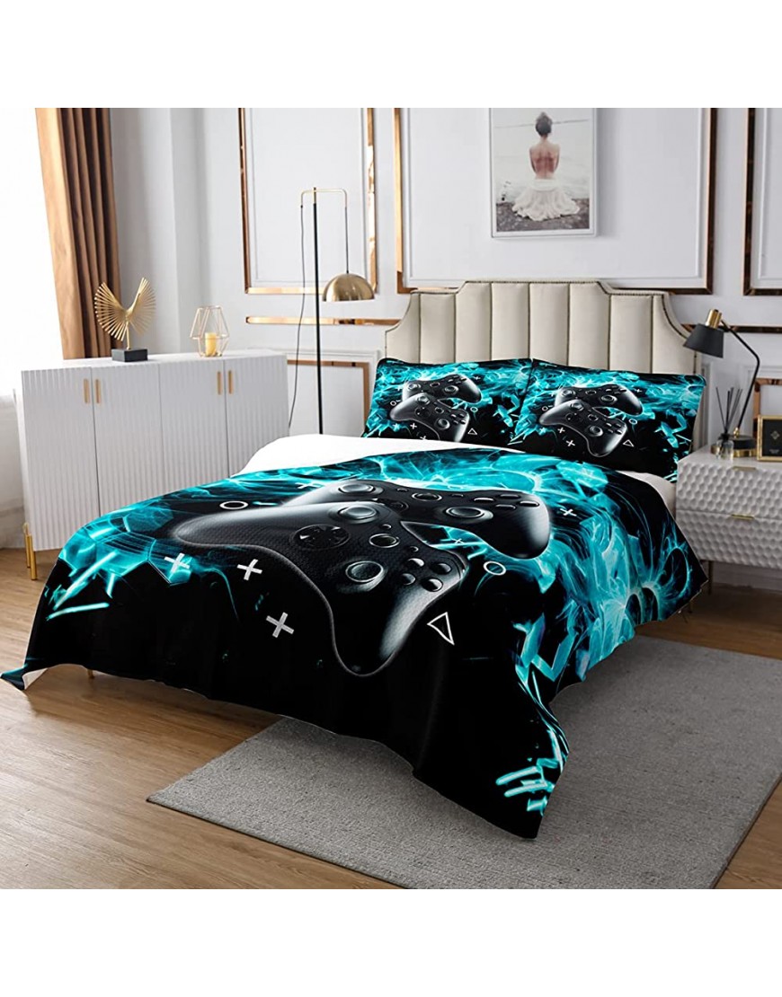 Gamer Bedspread Queen Size for Boys Kids Gaming Coverlet Set Teens Girls Video Game Gamepad Quilted Coverlet Modern Black Game Controller Quilted Bedroom Collection Toddler Teal Blue Room Decor 3Pcs - BGP42CTEW