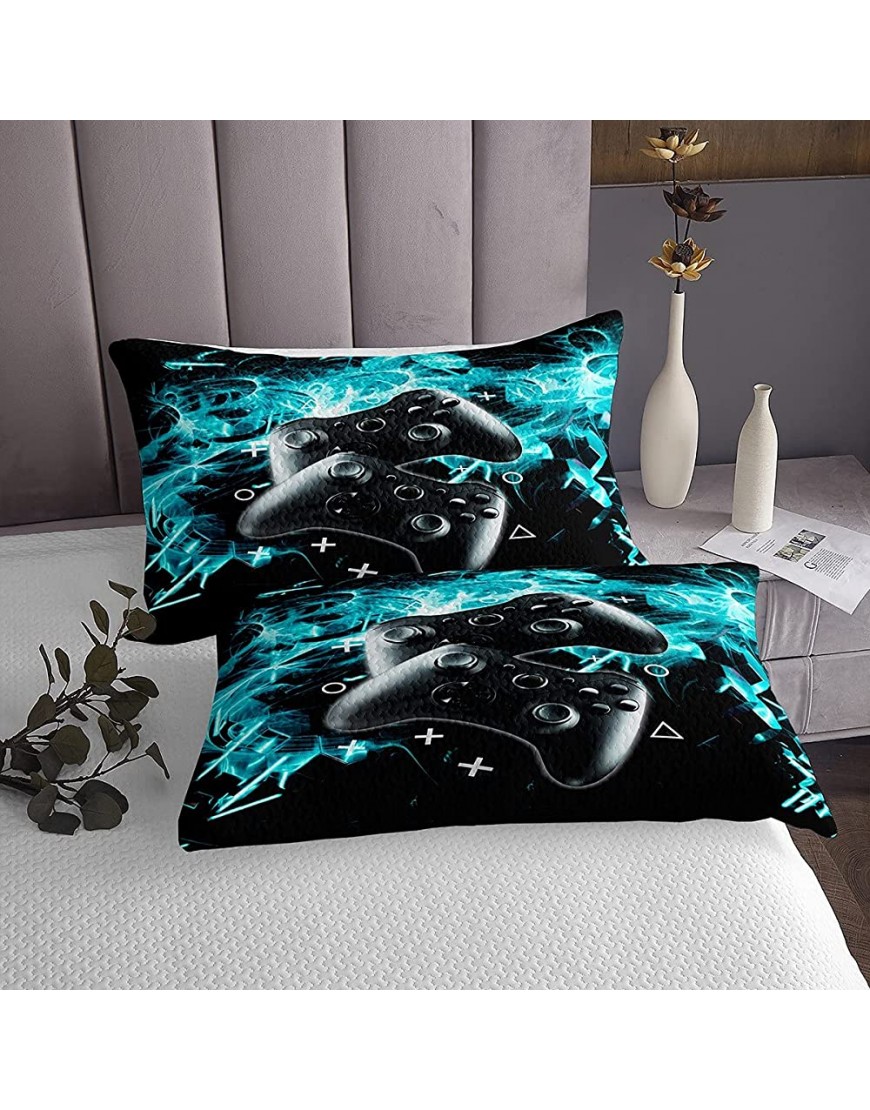 Gamer Bedspread Queen Size for Boys Kids Gaming Coverlet Set Teens Girls Video Game Gamepad Quilted Coverlet Modern Black Game Controller Quilted Bedroom Collection Toddler Teal Blue Room Decor 3Pcs - BGP42CTEW