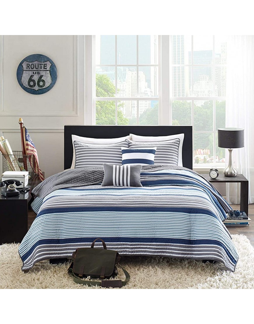 Intelligent Design Reverisble Quilt Set Modern Casual Stripes Design All Season Coverlet Bedspread Bedding Set Bedroom Décor Twin Twin XL Paul Blue 4 Piece - B51Z6FOKT