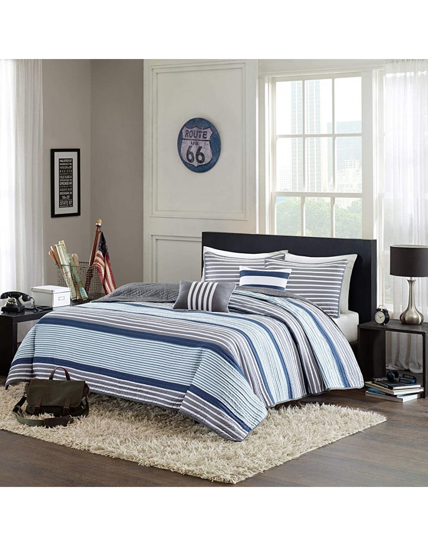 Intelligent Design Reverisble Quilt Set Modern Casual Stripes Design All Season Coverlet Bedspread Bedding Set Bedroom Décor Twin Twin XL Paul Blue 4 Piece - B51Z6FOKT