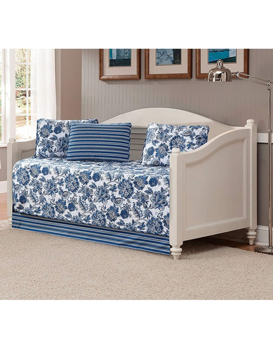 Kids Zone Home Linen 5 Piece Daybed Bedspread Set Floral Printed Pattern Blue White - BNKBQJCWX