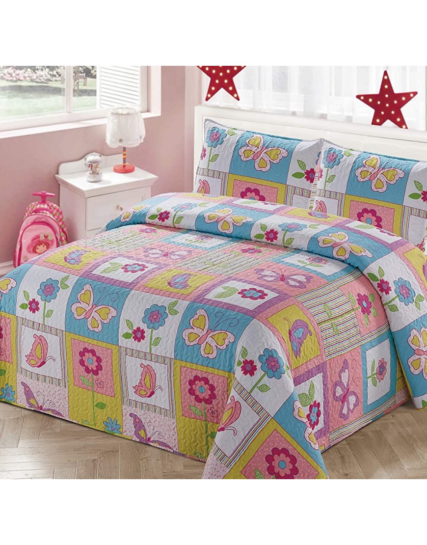 Kids Zone Home Linen Bedspread Coverlet Quilt Set for Girls Patchwork Butterfly Flowers White Purple Blue Green Pink Twin - BX71VNIQM