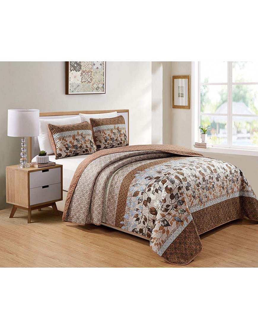 Kids Zone Home Linen Bedspread Set Brown Tan Sky Blue Leaves White New Twin Twin Extra Long - B4YXBVX4Q