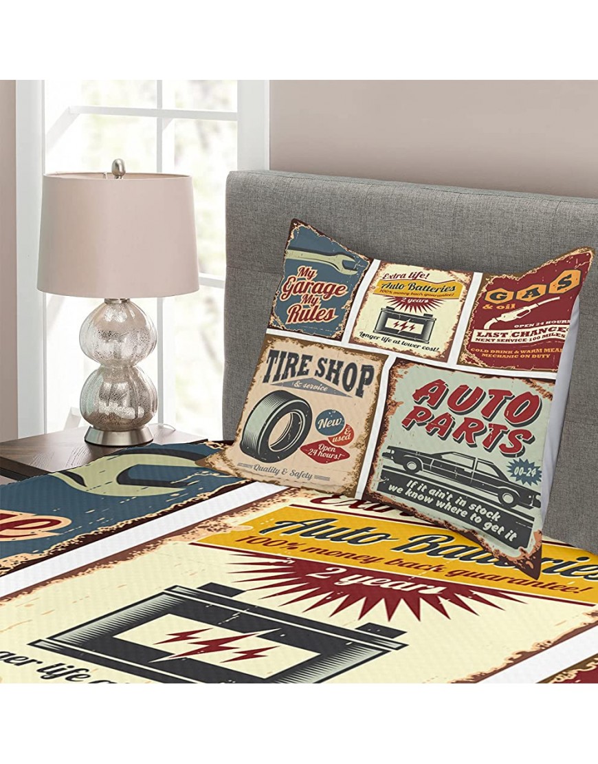 Lunarable 1950s Bedspread Vintage Car Signs Automobile Advertising Repair Vehicle Garage Classics Servicing Decorative Quilted 2 Piece Coverlet Set with Pillow Sham Twin Size Maroon Cream - B9HQWSVDM