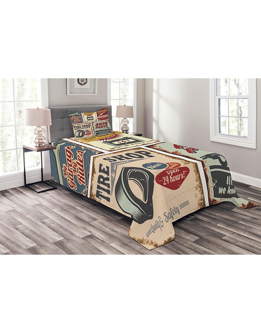 Lunarable 1950s Bedspread Vintage Car Signs Automobile Advertising Repair Vehicle Garage Classics Servicing Decorative Quilted 2 Piece Coverlet Set with Pillow Sham Twin Size Maroon Cream - B9HQWSVDM