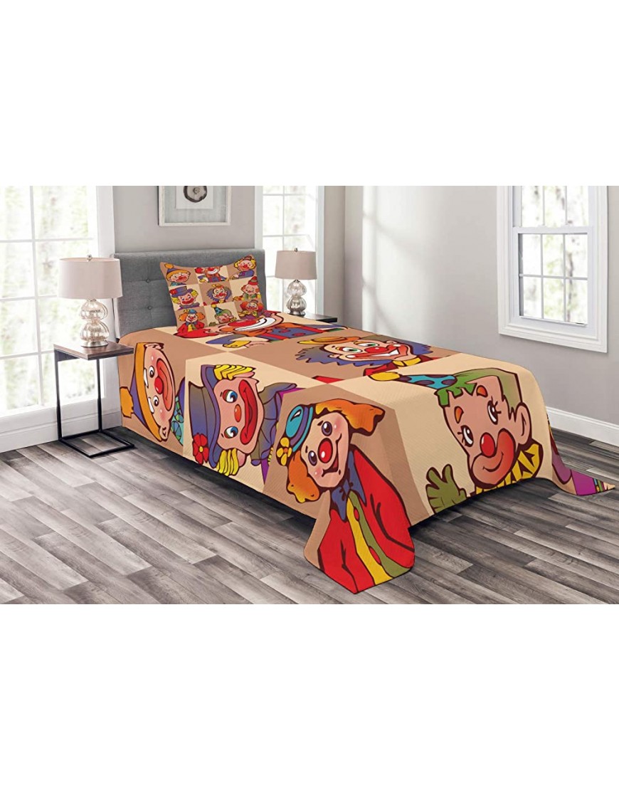 Lunarable Circus Bedspread Funny Clowns Illustration Print Entertaining Childhood Joke Enjoyment Theme Decorative Quilted 2 Piece Coverlet Set with Pillow Sham Twin Size Coral Red - B2JIVBOEY